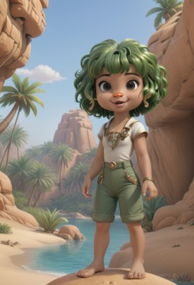 1girl,solo,looking at viewer,smile,short hair,open mouth,shirt,brown eyes,jewelry,standing,full body,white shirt,short sleeves,earrings,outdoors,green hair,sky,shorts,barefoot,teeth,day,cloud,dark skin,water,bracelet,tree,blue sky,toes,beach,suspenders,child,freckles,curly hair,rock,sand,palm tree,female child,overalls,green shorts,belt,artist name,flat chest,messy hair