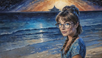 1girl,solo,long hair,looking at viewer,smile,bangs,blue eyes,brown hair,black hair,dress,closed mouth,upper body,braid,short sleeves,outdoors,sky,glasses,cloud,water,hair bun,twin braids,lips,night,blue dress,ocean,beach,single hair bun,blue shirt,star (sky),hair over shoulder,black-framed eyewear,nose,sand,sun,horizon,watercraft,ship,waves,boat,breasts,shirt,artist name,signature,from side,makeup,lipstick,night sky,scenery,starry sky,realistic