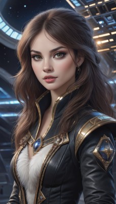 1girl,solo,long hair,breasts,looking at viewer,brown hair,cleavage,brown eyes,jewelry,medium breasts,jacket,upper body,earrings,parted lips,lips,black jacket,eyelashes,makeup,freckles,realistic,nose,signature,necklace,bodysuit,wavy hair,science fiction