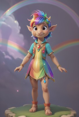 1girl,solo,looking at viewer,blush,smile,short hair,hair ornament,dress,brown eyes,jewelry,closed mouth,blue hair,standing,full body,purple hair,short sleeves,multicolored hair,outdoors,horns,sky,pointy ears,cloud,dark skin,necklace,nail polish,vest,flat chest,bracelet,two-tone hair,dark-skinned female,streaked hair,toes,watermark,short dress,sandals,cloudy sky,grass,gem,child,freckles,toenails,anklet,female child,yellow dress,rainbow,multicolored dress,rainbow hair,pink hair,goggles,web address,goggles on head