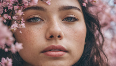 1girl, solo, looking at viewer, brown hair, brown eyes, parted lips, blurry, lips, eyelashes, depth of field, cherry blossoms, portrait, close-up, freckles, realistic, nose