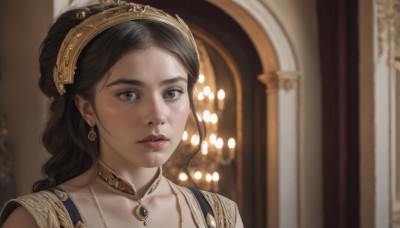 1girl,solo,long hair,looking at viewer,brown hair,black hair,dress,jewelry,closed mouth,hairband,earrings,choker,indoors,necklace,mole,blurry,black eyes,lips,grey eyes,depth of field,blurry background,portrait,freckles,realistic,nose,bangs,brown eyes,collarbone,parted lips,tiara