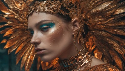 1girl,solo,long hair,blue eyes,brown hair,black hair,hair ornament,jewelry,earrings,parted lips,choker,artist name,dark skin,necklace,blurry,from side,dark-skinned female,lips,eyelashes,makeup,looking away,feathers,gem,portrait,eyeshadow,freckles,circlet,realistic,nose,headdress,feather hair ornament,gold,closed mouth,aqua eyes,profile,lipstick,close-up,eyeliner