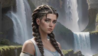 1girl,solo,long hair,breasts,looking at viewer,blue eyes,brown hair,black hair,cleavage,bare shoulders,jewelry,upper body,braid,multicolored hair,earrings,outdoors,parted lips,water,twin braids,lips,hair over shoulder,realistic,nose,stud earrings,waterfall,dress,medium breasts,closed mouth,collarbone,day,artist name,piercing,sunlight