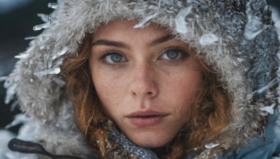 1girl,solo,long hair,looking at viewer,blue eyes,blonde hair,brown hair,hat,closed mouth,parted lips,hood,blurry,lips,grey eyes,eyelashes,portrait,snow,close-up,hood up,freckles,ice,snowing,realistic,nose,fur trim,winter clothes,winter