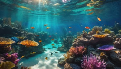 water,no humans,ocean,animal,sunlight,scenery,fish,light rays,rock,underwater,sunbeam,shell,turtle,coral,outdoors,day,bubble,air bubble