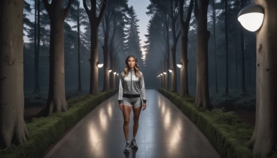 1girl,solo,long hair,looking at viewer,brown hair,shirt,long sleeves,brown eyes,standing,jacket,pantyhose,outdoors,shoes,shorts,dark skin,dark-skinned female,tree,short shorts,night,white jacket,grass,sneakers,nature,scenery,forest,walking,arms at sides,light,road,lamppost,path,breasts,full body,white shirt,lips,bush,sidewalk