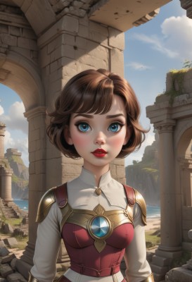 1girl,solo,breasts,looking at viewer,blush,short hair,bangs,blue eyes,brown hair,shirt,long sleeves,jewelry,medium breasts,closed mouth,standing,upper body,outdoors,parted lips,sky,day,belt,artist name,cloud,water,armor,blue sky,lips,eyelashes,makeup,ocean,sunlight,plant,lipstick,brooch,shoulder armor,gem,red shirt,rock,arms at sides,red lips,ruins,pillar,column,cloudy sky,freckles,arch