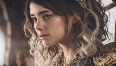 1girl,solo,long hair,brown hair,hair ornament,brown eyes,closed mouth,multicolored hair,armor,blurry,lips,eyelashes,depth of field,blurry background,wavy hair,looking away,portrait,close-up,curly hair,realistic,nose,looking afar,looking at viewer,blonde hair,black hair,parted lips