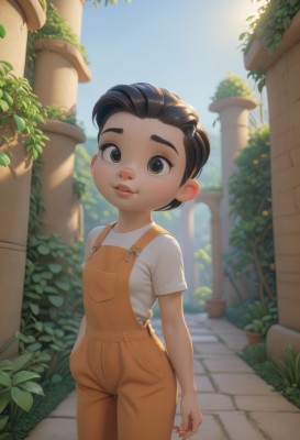 1girl,solo,looking at viewer,blush,smile,short hair,brown hair,shirt,black hair,brown eyes,standing,white shirt,short sleeves,outdoors,parted lips,sky,day,black eyes,blue sky,lips,thick eyebrows,plant,child,female child,overalls,pillar,open mouth,teeth,aged down,nose,male child,vines,hair slicked back