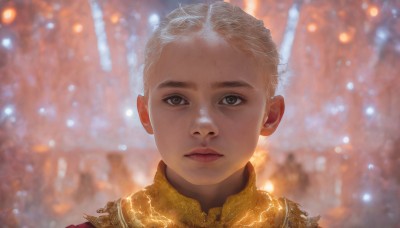 solo,looking at viewer,short hair,blonde hair,1boy,brown eyes,closed mouth,white hair,male focus,blurry,lips,blurry background,child,portrait,snow,freckles,snowing,realistic,nose,male child,straight-on,1girl,outdoors,glowing,expressionless,light particles,fantasy