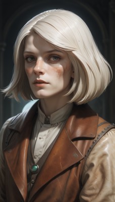 1girl,solo,looking at viewer,short hair,bangs,blue eyes,blonde hair,shirt,jewelry,white shirt,upper body,white hair,parted lips,collared shirt,artist name,mole,vest,lips,grey eyes,buttons,scar,bob cut,scar on face,freckles,injury,realistic,nose,dirty,brown vest,dirty face,jacket,parted bangs,dress shirt,blood,blurry background,gem,brown jacket,blood on face