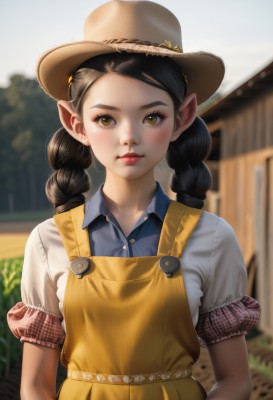 1girl,solo,long hair,looking at viewer,blush,brown hair,shirt,black hair,hat,dress,twintails,brown eyes,jewelry,closed mouth,upper body,braid,flower,short sleeves,earrings,outdoors,day,pointy ears,puffy sleeves,collared shirt,artist name,blurry,apron,twin braids,puffy short sleeves,lips,plaid,depth of field,blurry background,blue shirt,freckles,sun hat,realistic,nose,brown headwear,straw hat,plaid shirt,bangs,yellow eyes,makeup,buttons,sunlight,red lips,stud earrings