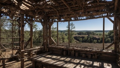 outdoors,sky,day,cloud,water,tree,blue sky,no humans,window,sunlight,nature,scenery,forest,railing,ruins,bridge,landscape,railroad tracks,indoors,plant,shade,overgrown