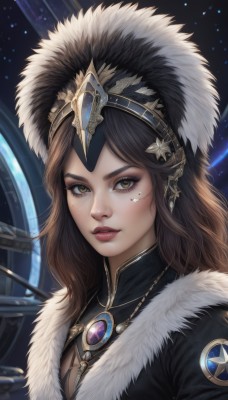 1girl,solo,long hair,looking at viewer,brown hair,black hair,hair ornament,brown eyes,jewelry,closed mouth,green eyes,upper body,artist name,necklace,mole,lips,fur trim,eyelashes,mole under eye,makeup,gem,portrait,star (sky),freckles,realistic,nose,headdress,red lips,space,cleavage,parted lips,headgear,facial mark,lipstick