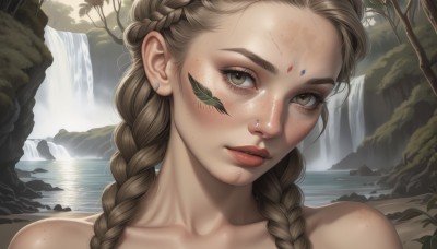 1girl,solo,long hair,looking at viewer,brown hair,bare shoulders,brown eyes,jewelry,collarbone,braid,nude,earrings,outdoors,parted lips,day,water,twin braids,tree,lips,eyelashes,leaf,facial mark,piercing,portrait,nature,hair over shoulder,close-up,freckles,forehead mark,realistic,nose,stud earrings,river,waterfall,closed mouth,upper body,ear piercing,forehead