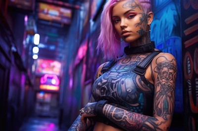 1girl,solo,long hair,breasts,looking at viewer,gloves,jewelry,medium breasts,upper body,pink hair,earrings,parted lips,sleeveless,midriff,fingerless gloves,medium hair,blurry,collar,lips,crop top,tattoo,makeup,blurry background,piercing,ring,ear piercing,eyeshadow,!,hoop earrings,nose,eyeliner,arm tattoo,shoulder tattoo,undercut,facial tattoo,cyberpunk,neck tattoo,neon lights,eyebrow piercing,green eyes,white hair,multicolored hair,outdoors,grey eyes,asymmetrical hair,mohawk