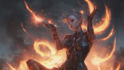 1girl,solo,breasts,short hair,hair ornament,gloves,holding,jewelry,medium breasts,sitting,upper body,white hair,grey hair,parted lips,artist name,hair bun,armor,bracelet,lips,hands up,glowing,single hair bun,fire,smoke,breastplate,nose,magic,embers,burning,bare shoulders,wings,black gloves,looking to the side,tattoo,looking away,red lips,hair stick,smoking pipe,kiseru