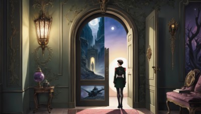 1girl,solo,looking at viewer,short hair,skirt,black hair,long sleeves,1boy,hat,standing,pantyhose,sky,cloud,indoors,from behind,black footwear,uniform,tree,black pantyhose,military,window,military uniform,night,chair,moon,table,cat,green skirt,star (sky),night sky,scenery,couch,full moon,wooden floor,aircraft,door,arms at sides,clock,lamp,wide shot,armchair,painting (object),open door,carpet,brown hair,jacket,weapon,boots,pants,black jacket,gun,shadow,black pants,armband,mountain,bare tree,picture frame