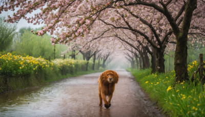 flower, outdoors, day, tree, no humans, animal, grass, cherry blossoms, scenery, dog, realistic, road, path, spring (season)