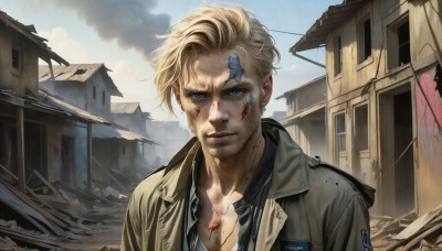 HQ,solo,looking at viewer,short hair,blue eyes,blonde hair,shirt,1boy,closed mouth,jacket,upper body,male focus,outdoors,sky,day,cloud,lips,torn clothes,blood,facial hair,scar,building,brown jacket,injury,blood on face,realistic,manly,ruins,dirty,bruise,damaged,cuts,dirty face,portrait,house,cyborg