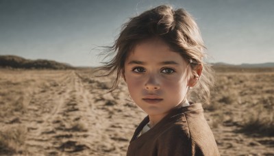 1girl,solo,looking at viewer,short hair,brown hair,black hair,brown eyes,jewelry,closed mouth,upper body,earrings,outdoors,sky,day,blurry,lips,looking to the side,floating hair,depth of field,blurry background,wind,portrait,realistic,nose,expressionless,sunlight,messy hair,backlighting