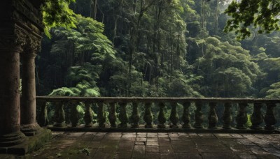 outdoors,day,tree,no humans,sunlight,plant,nature,scenery,forest,light rays,stairs,ruins,green theme,pillar,statue,arch,moss,column,railing