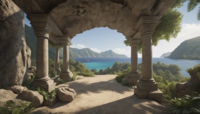 outdoors,sky,day,cloud,water,tree,blue sky,no humans,shadow,ocean,sunlight,grass,plant,nature,scenery,rock,mountain,horizon,shade,ruins,pillar,landscape,column,beach,sand,bush,island