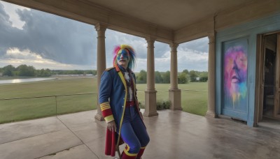 solo,blonde hair,1boy,blue hair,male focus,multicolored hair,outdoors,sky,day,belt,pants,cloud,tree,coat,cloudy sky,scenery,personification,blue pants,rainbow,rainbow hair,gloves,jacket,pink hair,boots,uniform,military,military uniform,mask,epaulettes,facepaint,painting (object),clown