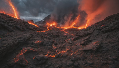 outdoors, sky, cloud, dutch angle, no humans, night, cloudy sky, fire, star (sky), scenery, rock, mountain, molten rock