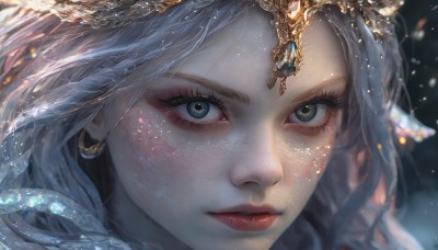 1girl,solo,long hair,looking at viewer,blue eyes,jewelry,closed mouth,white hair,grey hair,earrings,artist name,blurry,lips,eyelashes,makeup,depth of field,blurry background,tiara,gem,portrait,light particles,close-up,freckles,circlet,realistic,red lips,eye focus,hair ornament,grey eyes,nose,head chain