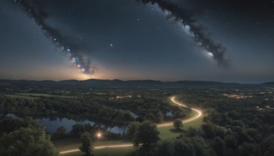 outdoors,sky,cloud,water,tree,no humans,night,fire,star (sky),nature,night sky,scenery,forest,smoke,starry sky,mountain,road,river,landscape,lake,city lights,hill,grass,building,city,horizon,cityscape