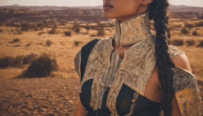 1girl,solo,long hair,breasts,black hair,dress,bare shoulders,jewelry,medium breasts,collarbone,upper body,braid,outdoors,parted lips,dark skin,armor,blurry,dark-skinned female,lips,single braid,depth of field,blurry background,gold trim,realistic,head out of frame,desert,twin braids,shoulder armor,freckles