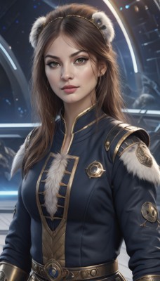 1girl,solo,long hair,breasts,looking at viewer,brown hair,hair ornament,long sleeves,animal ears,brown eyes,jewelry,medium breasts,closed mouth,jacket,upper body,hairband,earrings,belt,armor,lips,fur trim,science fiction,realistic,nose,bangs,parted bangs,makeup