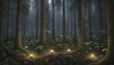 outdoors,tree,night,glowing,leaf,sunlight,grass,plant,nature,scenery,light particles,forest,light rays,fantasy,light,dark,fireflies,no humans,torch,campfire