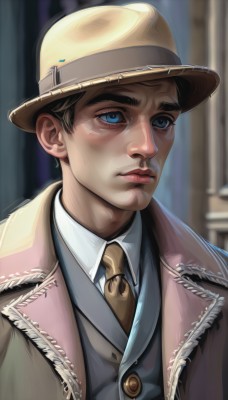 solo,short hair,blue eyes,shirt,black hair,1boy,hat,closed mouth,jacket,white shirt,upper body,male focus,necktie,collared shirt,artist name,blurry,vest,lips,coat,blurry background,formal,thick eyebrows,suit,portrait,realistic,nose,brown headwear,yellow necktie,cowboy hat,brown hair,brown jacket,manly,brown necktie