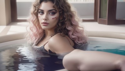 1girl,solo,long hair,breasts,looking at viewer,blue eyes,brown hair,nude,indoors,water,lips,grey eyes,window,blood,wavy hair,partially submerged,curly hair,realistic,nose,bathing,bath,bathtub,bare shoulders,brown eyes,jewelry,swimsuit,bikini,earrings,parted lips,artist name,from side,looking to the side,eyelashes,watermark,facial mark,reflection,pool,facepaint