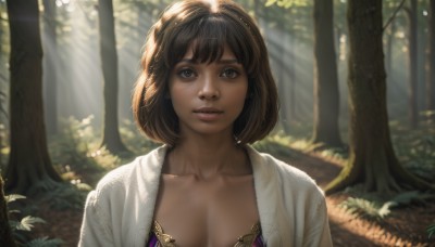 1girl,solo,breasts,looking at viewer,smile,short hair,bangs,brown hair,cleavage,brown eyes,jewelry,medium breasts,collarbone,upper body,outdoors,parted lips,open clothes,day,artist name,signature,dark skin,bra,blurry,dark-skinned female,tree,lips,eyelashes,depth of field,blurry background,sunlight,nature,forest,light rays,realistic,nose,dappled sunlight,blue eyes,underwear,earrings,teeth,watermark,bob cut,grass,plant,freckles,sunbeam,purple bra