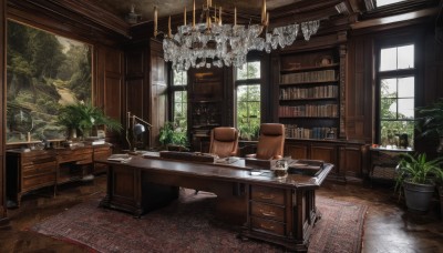 day,indoors,tree,cup,book,no humans,window,chair,table,sunlight,bottle,plant,box,scenery,desk,plate,teacup,wooden floor,bookshelf,potted plant,lamp,candle,saucer,shelf,book stack,carpet,flower pot,candlestand,ceiling light,rug,cabinet,chandelier,curtains,painting (object),fireplace