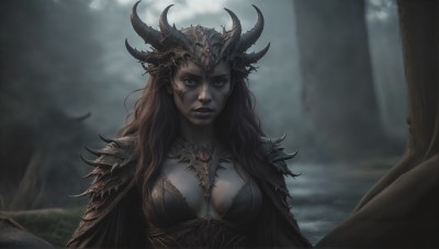 HQ,1girl,solo,long hair,breasts,looking at viewer,blue eyes,large breasts,brown hair,black hair,cleavage,jewelry,medium breasts,closed mouth,upper body,outdoors,horns,pointy ears,cape,armor,blurry,tree,lips,blurry background,colored skin,shoulder armor,nature,forest,pauldrons,grey skin,makeup,helmet,pale skin,fake horns