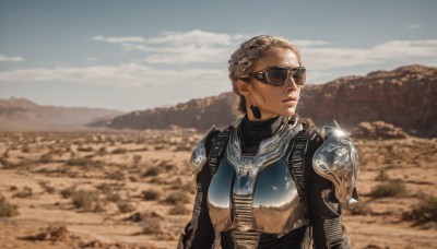 1girl,solo,short hair,brown hair,jewelry,closed mouth,upper body,braid,earrings,outdoors,sky,day,cloud,armor,blurry,blue sky,lips,blurry background,sunglasses,shoulder armor,pauldrons,breastplate,realistic,desert,chainmail,blonde hair,dark skin,looking to the side,dreadlocks,aviator sunglasses