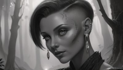 1girl,solo,looking at viewer,short hair,jewelry,monochrome,greyscale,earrings,outdoors,parted lips,dark skin,mole,dark-skinned female,tree,lips,eyelashes,piercing,ear piercing,portrait,nature,forest,realistic,nose,undercut,artist name,signature,mole under eye,tattoo,watermark,web address,asymmetrical hair,very short hair,nose piercing,eyebrow piercing