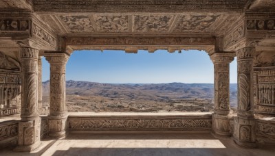 outdoors,sky,day,cloud,blue sky,no humans,shadow,building,scenery,stairs,mountain,sand,road,architecture,pillar,landscape,arch,column,water,statue