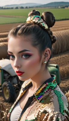 1girl,solo,breasts,looking at viewer,shirt,black hair,hair ornament,jewelry,medium breasts,green eyes,jacket,white shirt,upper body,braid,earrings,outdoors,open clothes,day,hair bun,blurry,open jacket,lips,eyelashes,makeup,depth of field,blurry background,single hair bun,lipstick,ground vehicle,motor vehicle,eyeshadow,realistic,red lips,stud earrings,motorcycle,mascara,updo,short hair,closed mouth,artist name,from side,thick eyebrows,forehead,nose,car,eyeliner,field