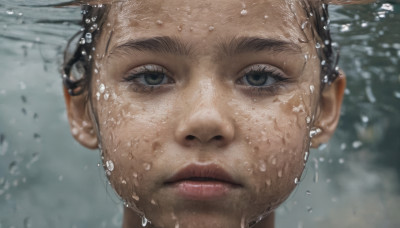 solo, looking at viewer, black hair, 1boy, brown eyes, male focus, parted lips, water, black eyes, lips, portrait, close-up, realistic