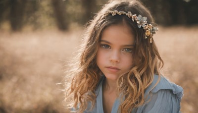 1girl,solo,long hair,looking at viewer,blue eyes,blonde hair,brown hair,hair ornament,dress,closed mouth,upper body,flower,artist name,signature,hair flower,blurry,lips,grey eyes,eyelashes,depth of field,blurry background,blue dress,wavy hair,expressionless,portrait,freckles,realistic,nose,head wreath,parted lips,sunlight,white flower,forehead,backlighting