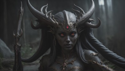 HQ,1girl,solo,long hair,breasts,looking at viewer,black hair,red eyes,bare shoulders,jewelry,upper body,weapon,outdoors,parted lips,horns,sword,blurry,lips,makeup,blurry background,colored skin,lipstick,portrait,nature,forest,colored sclera,fantasy,grey skin,black skin,black lips,pointy ears,close-up