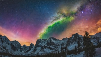 1boy,outdoors,sky,cloud,tree,no humans,night,grass,star (sky),nature,night sky,scenery,forest,starry sky,mountain,landscape,aurora,milky way,snow