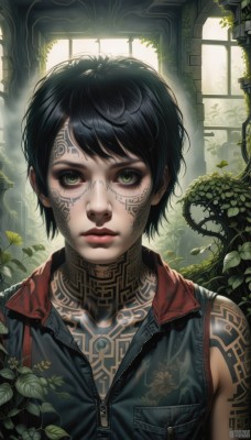 1girl,solo,looking at viewer,short hair,black hair,closed mouth,green eyes,jacket,upper body,sleeveless,artist name,vest,lips,window,tattoo,makeup,leaf,watermark,facial mark,plant,zipper,pocket,realistic,nose,arm tattoo,facepaint,vines,facial tattoo,bangs,chest tattoo,neck tattoo,full-body tattoo