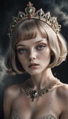 1girl,solo,breasts,looking at viewer,short hair,bangs,blue eyes,blonde hair,dress,cleavage,bare shoulders,jewelry,medium breasts,collarbone,upper body,earrings,small breasts,parted lips,teeth,artist name,necklace,mole,lips,grey eyes,eyelashes,strapless,tiara,crown,gem,strapless dress,smoke,freckles,realistic,body freckles,simple background,brown hair,black background,portrait,mole on breast,dark background,mole on cheek